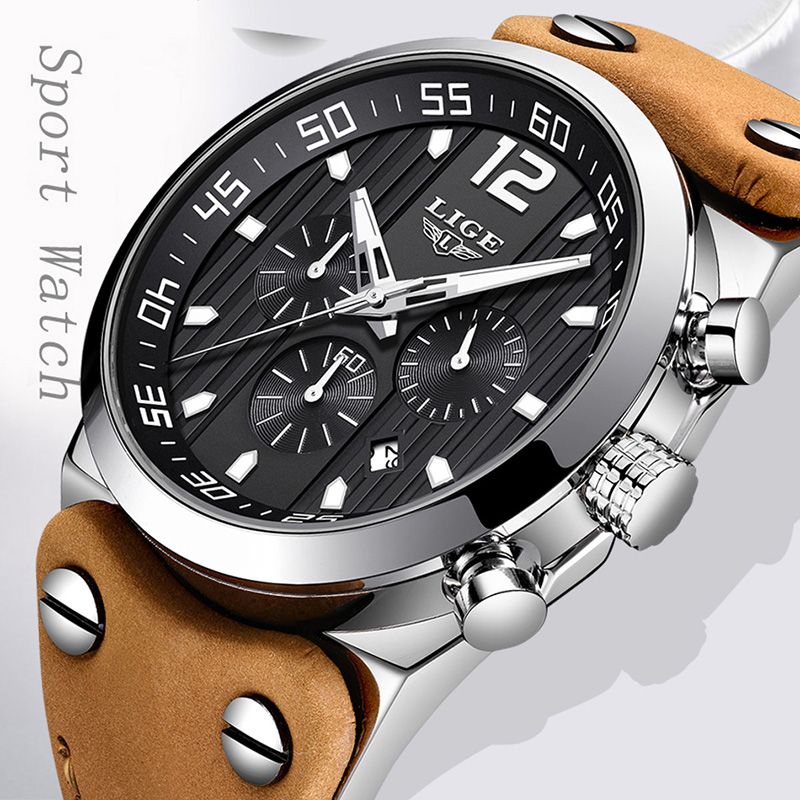 LIGE Mens Watches Waterproof Sport Analog Quartz Watch Gents Chronograph Auto Date Brown Leather Clock