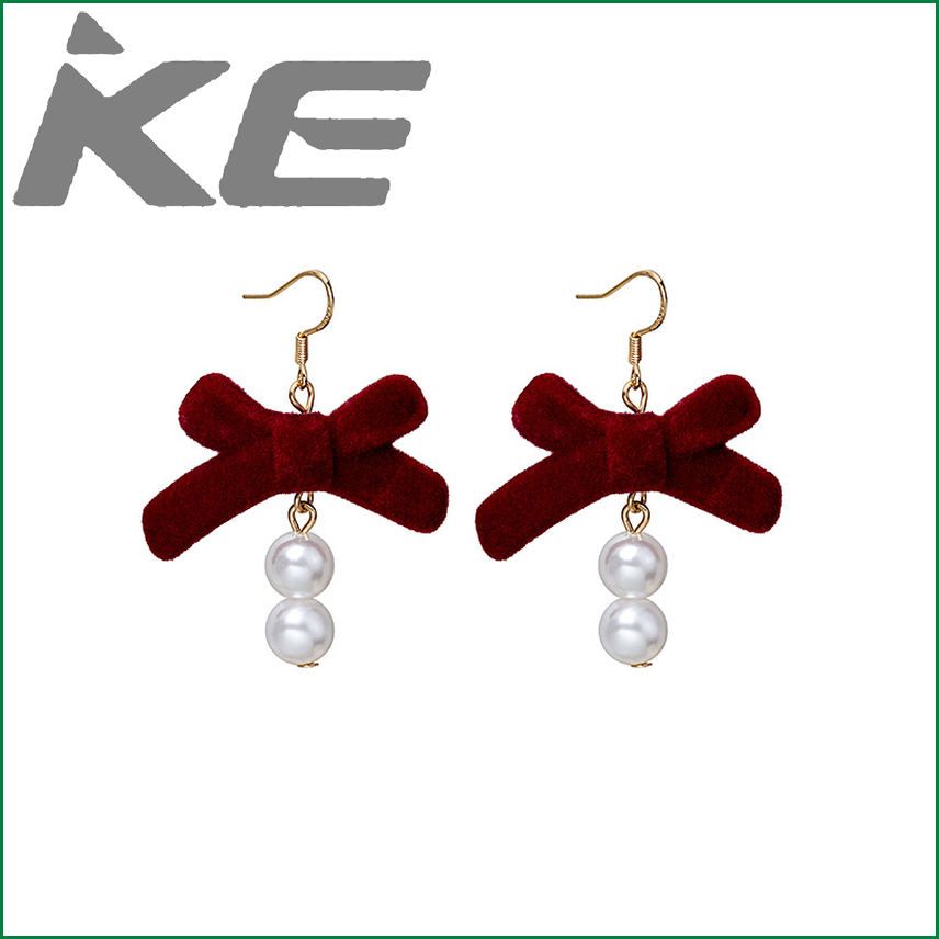 Needle Red Flocking Bow Fringe Earrings New Hair Ball Pearl Stud Earrings for gilrs for women low price