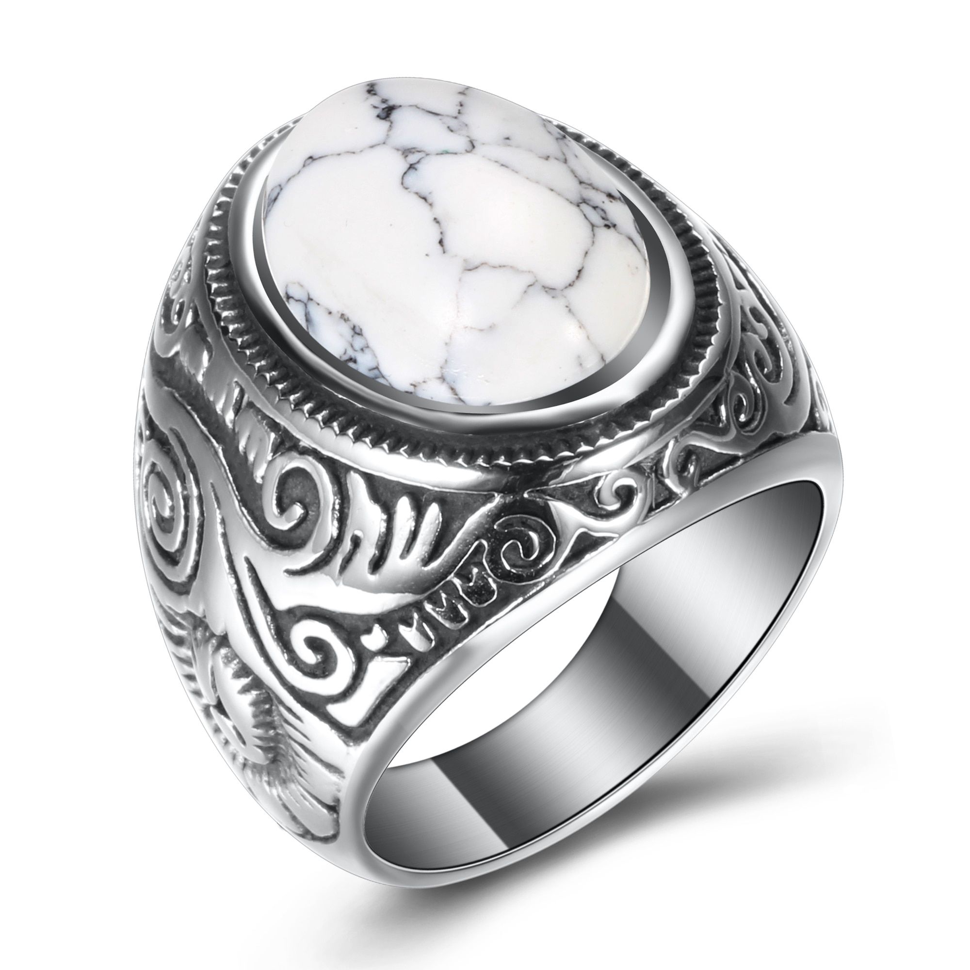 Bohemian style huge Green stone vintage jewelry titanium steel ring neutral ring jewelry