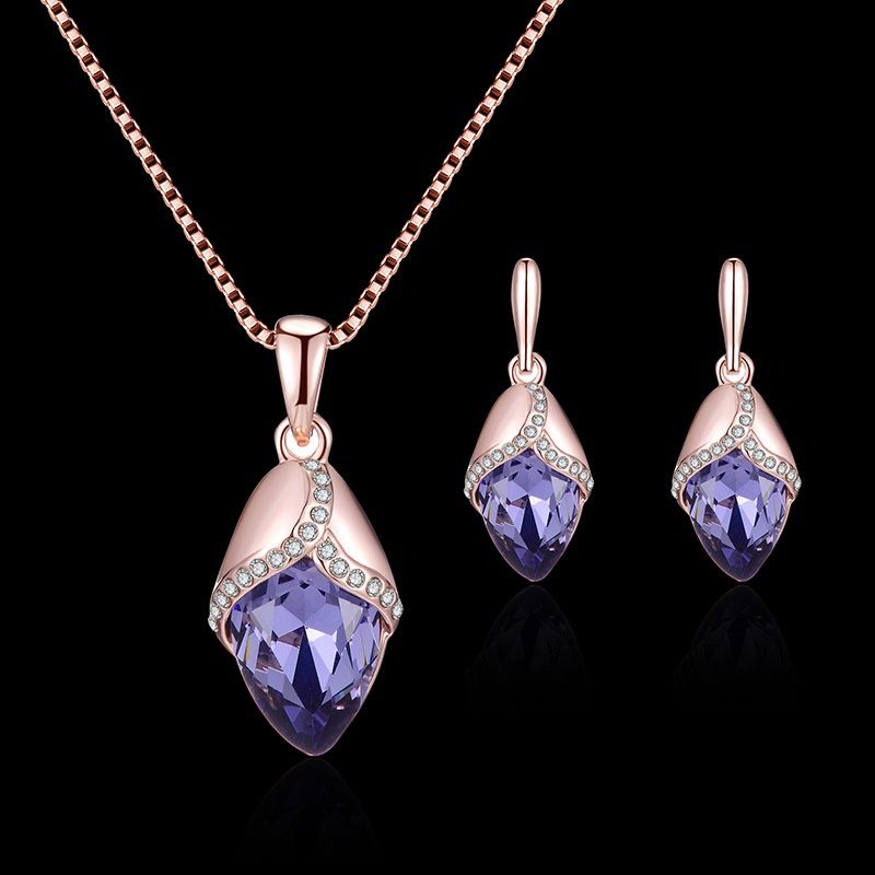 Beautiful Rhinestone Pendant Necklace Ear Stud Earrings Women Jewelry Set