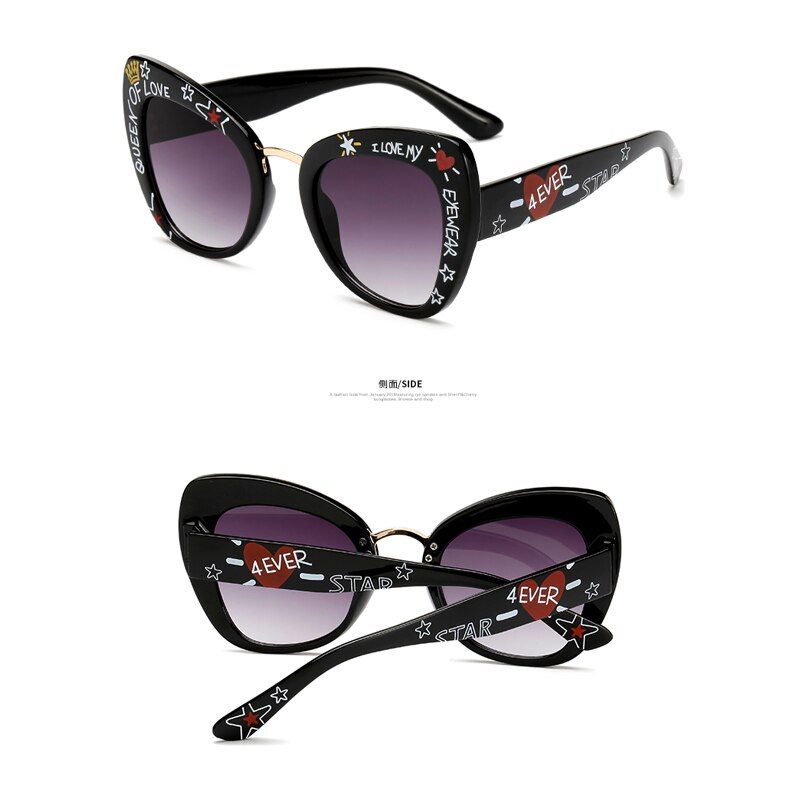 black-greyOversized Cat Eye Sunglasses women luxury brand 2019 cateye glasses love shape stylish graffiti lunette de soleil femme