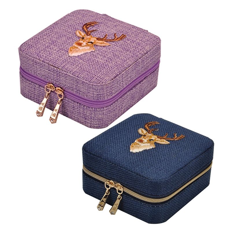 2x New Linen Box Multifunction Necklace Ring Earings Bracelet Storage Box Organizer Girl Gift Purple & Blue