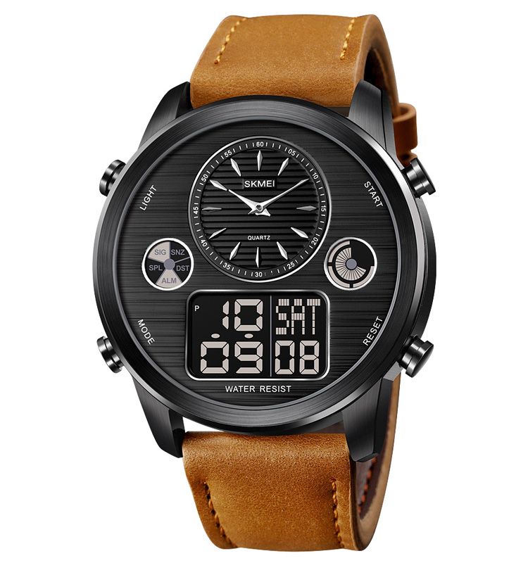 SKMEI 1653 Brown PU Leather Dual Time Watch For Men - Black & Brown