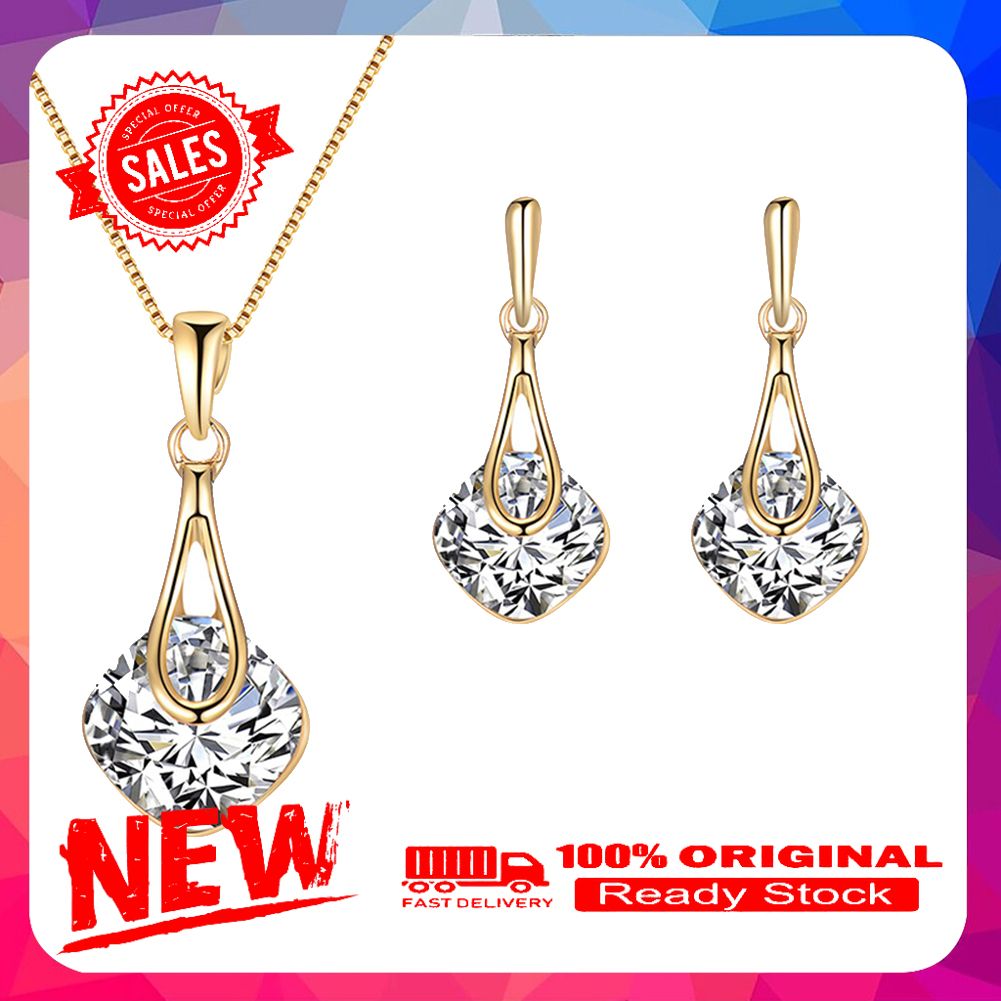 Water Drop Pendant Square Rhinestone Ear Stud Earrings Necklace Lady Jewelry Set
