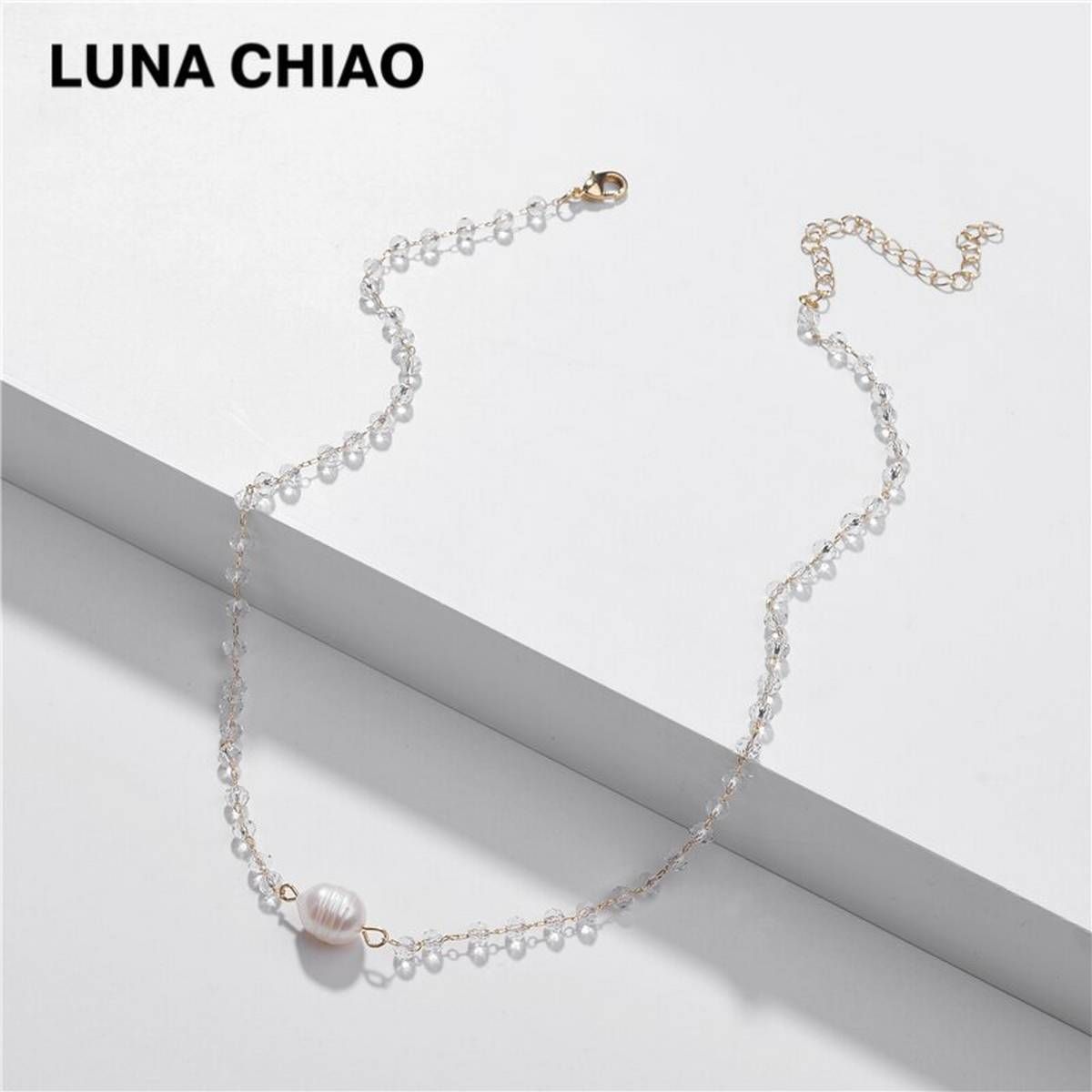 LUNA CHIAO 2020 Summer Delicate Glassed Beaded Chain Link Short Necklace Fresh Water Pearl Dainty Necklaces for Women