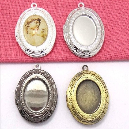 2pcs/lot Antique Bronze-Gunmetal Black-Rhodium-Silver Plated Photo Locket Pendant Jewelry with Inner 13*18m Tray for Cabochons