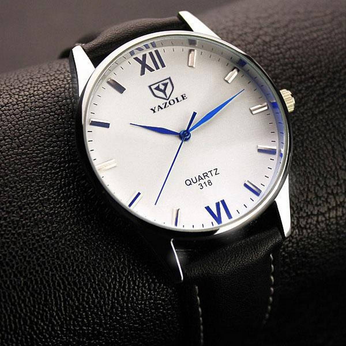 Yazole Men's 318 Luminous Watches Luxury Leather Accessories Roman Number Fashion Quartz Watch Male Clock - White plate and black belt