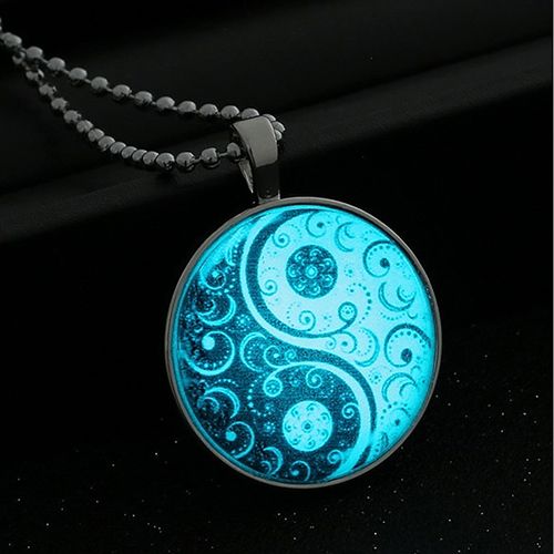 Vintage Tai Chi Glass Cabochon Pendant Statement Necklace Noctilucent Drop Chain Jewelry