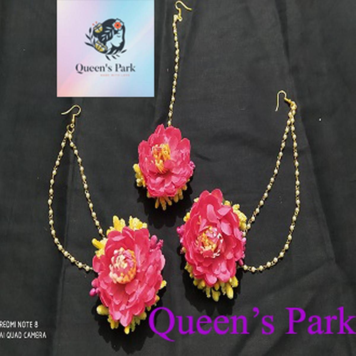NON BRIDAL EARRING & TIKLI SET Red and  Yellow