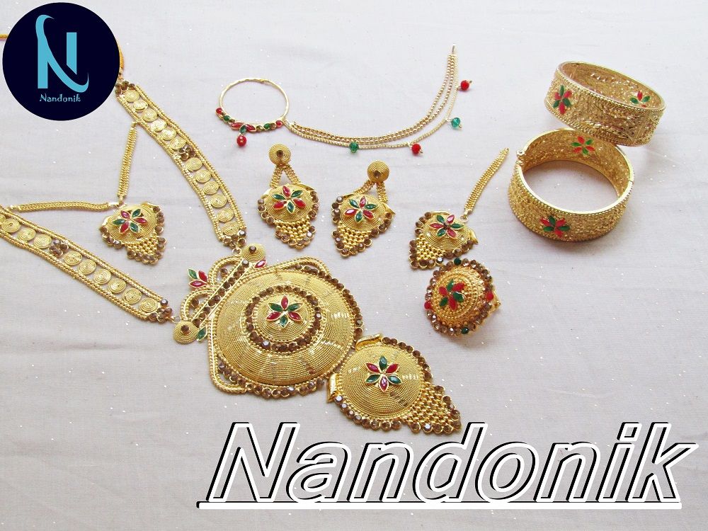 Elegant & Gorgeous Party-wear Bridal Jewellery Combo Set of Goldplated Necklace With Matching Goldplated Earring, 1 Pair of 2.4 Size Imitation Mokormukho Bala Bengals And 1 Set of Metal Thread Bangles for Women