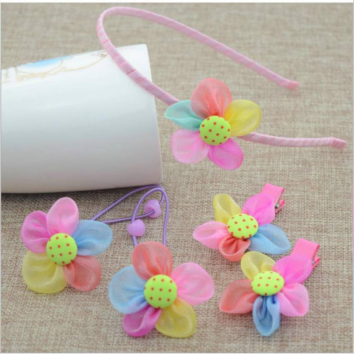 Baby Girl Hair Accessories Set, Princess Five Petal Flower Colorful Elastic Bands Tool
