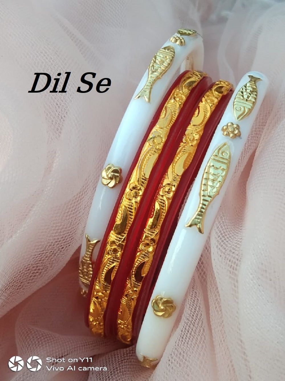 Trendy Unique Fish design Golden Metal Work White and Red Plastic Shakha Bangles- 4 pcs. It's for Women Party , Wedding , Anniversary & All Time Use