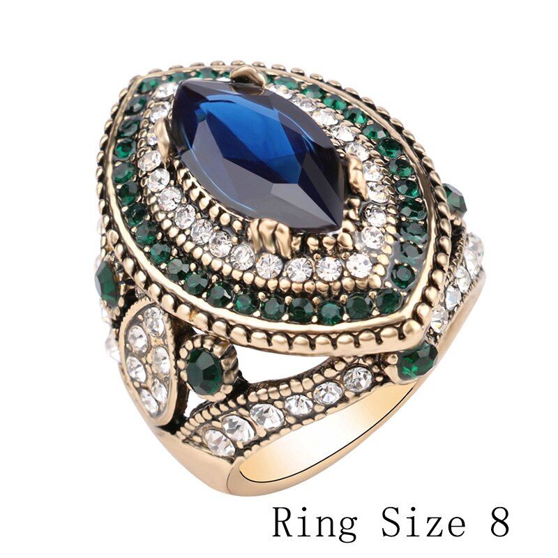 Luxury Vintage Jewelry Big  Wedding Rings For Women Gold Color Mosaic Green Crystal 2016 New Fashion Accessories