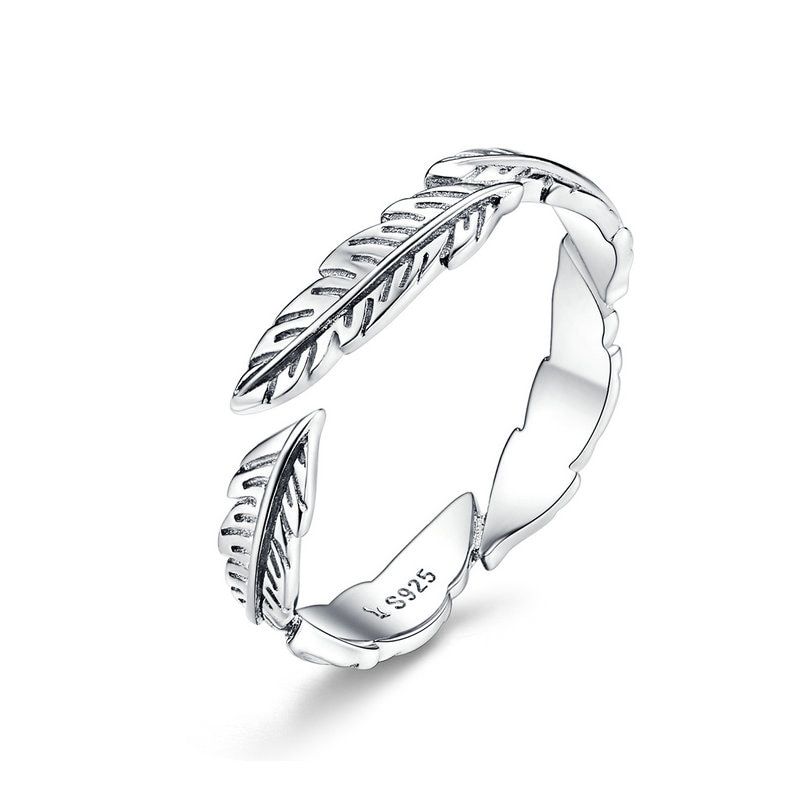 BISAER 925 Sterling Silver open finger ring Vintage Style Leaves Clear CZ Adjustable Rings for Women S925 Silver Jewelry Gift