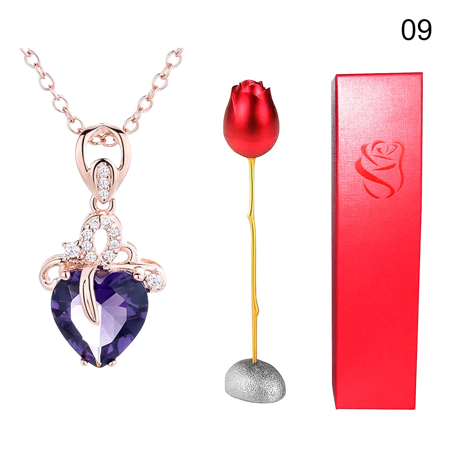 Heart Shape Rhinestone Pendant Necklace with Storage Box Rose Valentine Gift Set