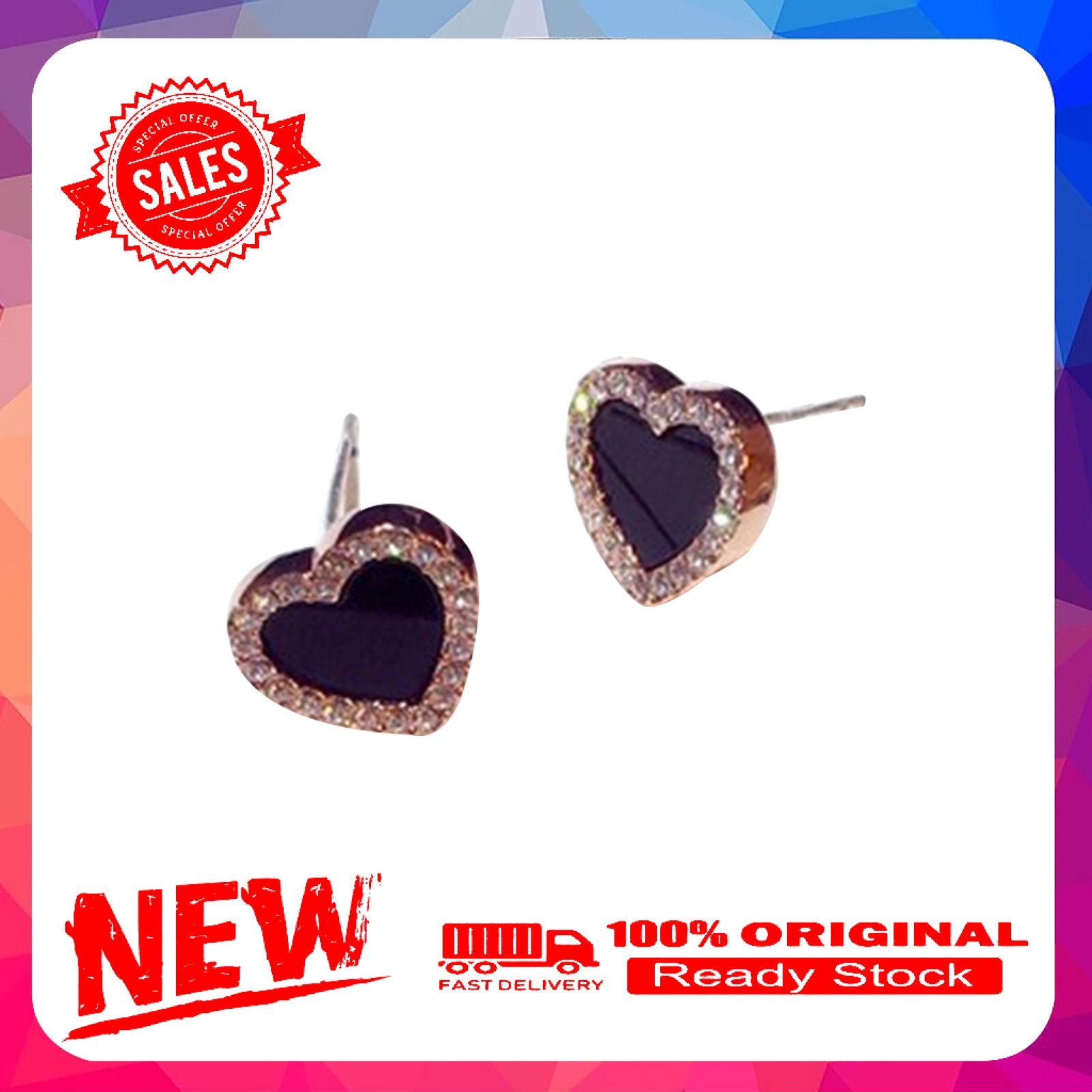 Women Fashion Rhinestone Inlaid Black Heart Ear Stud Earrings Jewelry Accessory