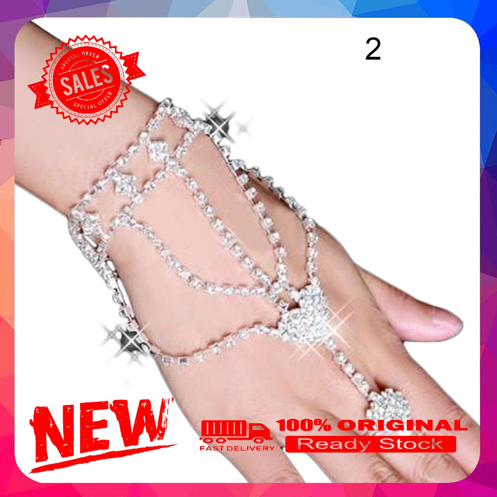 Bridal Wedding Crystal Rhinestone Slave Bracelet Wristband Harness & Ring Cuff