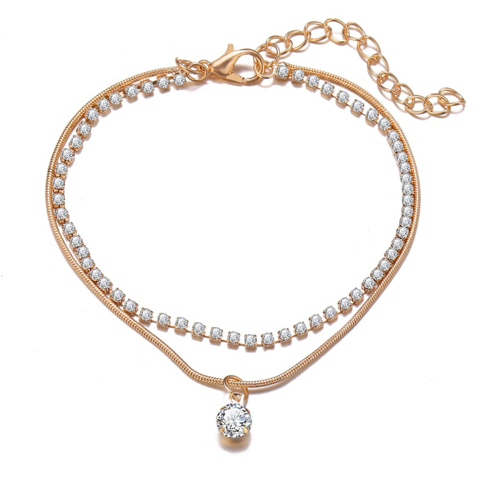 Chain Anklet Double Layered Rhinestone Pendant Ankle Bracelet
