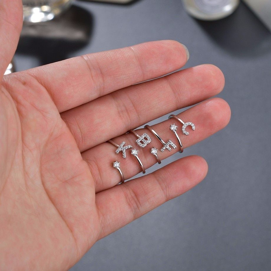 Cute 26 Letters Rings For Women Adjustable Stainless Steel Ring Alphabet Letter Initial Tiny Heart Rings Finger Accessories Anel