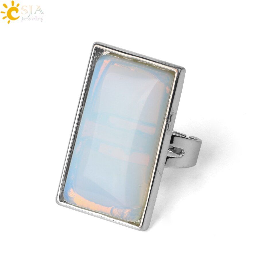 CSJA Rectangle Natural Stones Finger Rings Silver-color Adjustable Ring Healing Crystal Pink Quartz Women Statement Jewelry G456