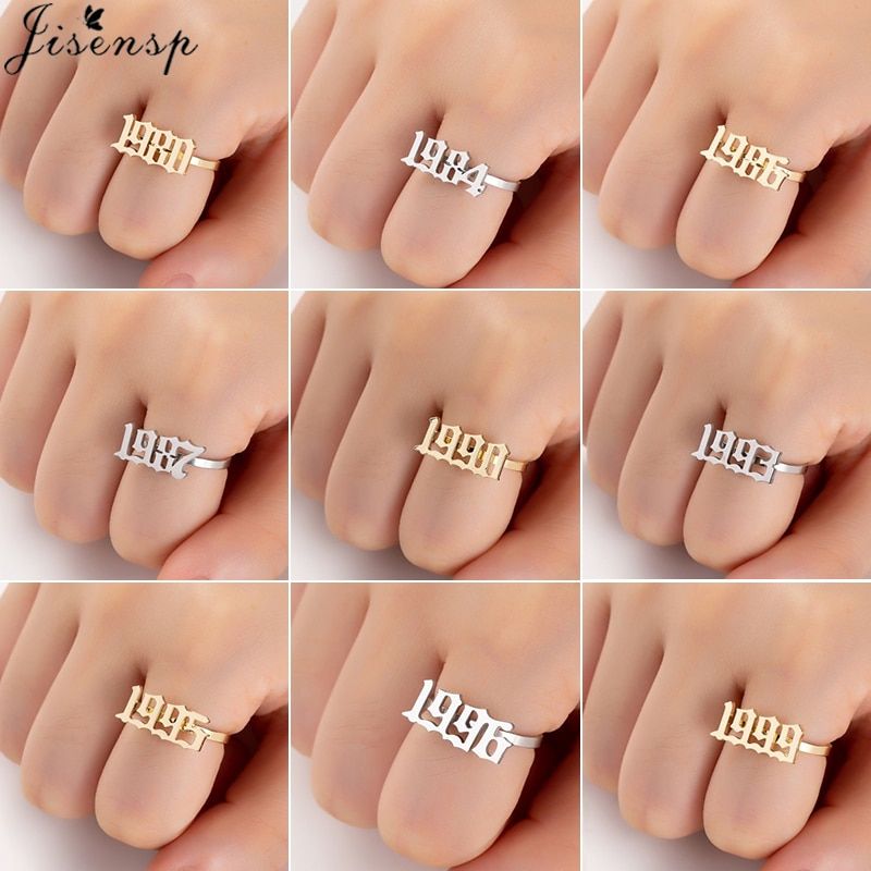 Jisensp Stainless Steel Jewelry Old English Number Rings for Women Men 1980 to 2000 Anniversary Birthday Gifts anillos mujer