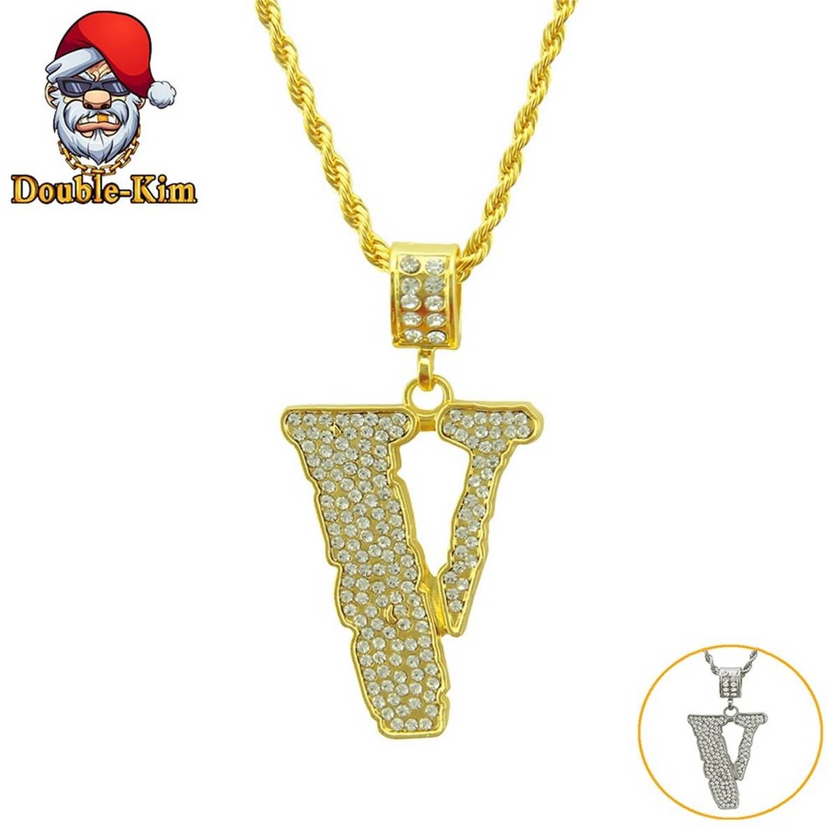 V Full Zircon Pendant Necklace Hiphop Street Culture Titanium Stainless Steel Inlaid Zircon Chain Necklace Fashion Man Jewelry