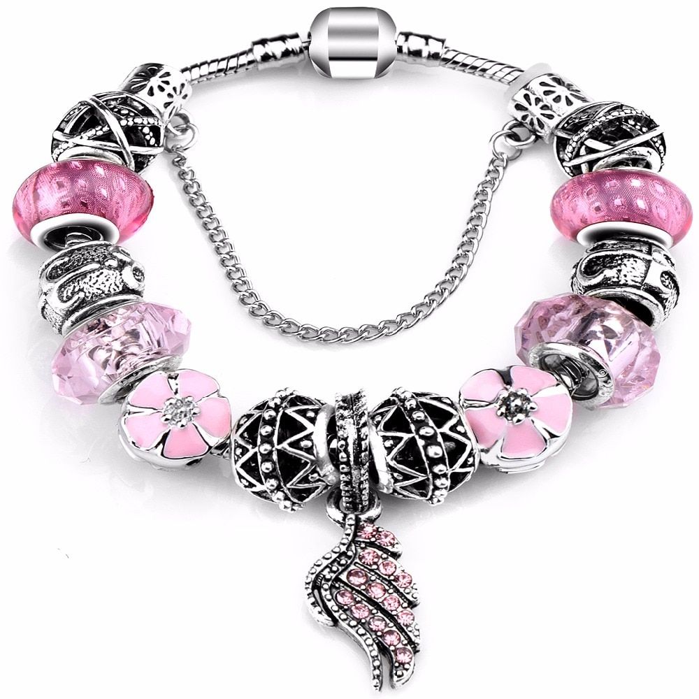 2020 Sping Collection Silver plated Charm Pa Bracelet for Women With Pink Crystal Murano Glass Beads