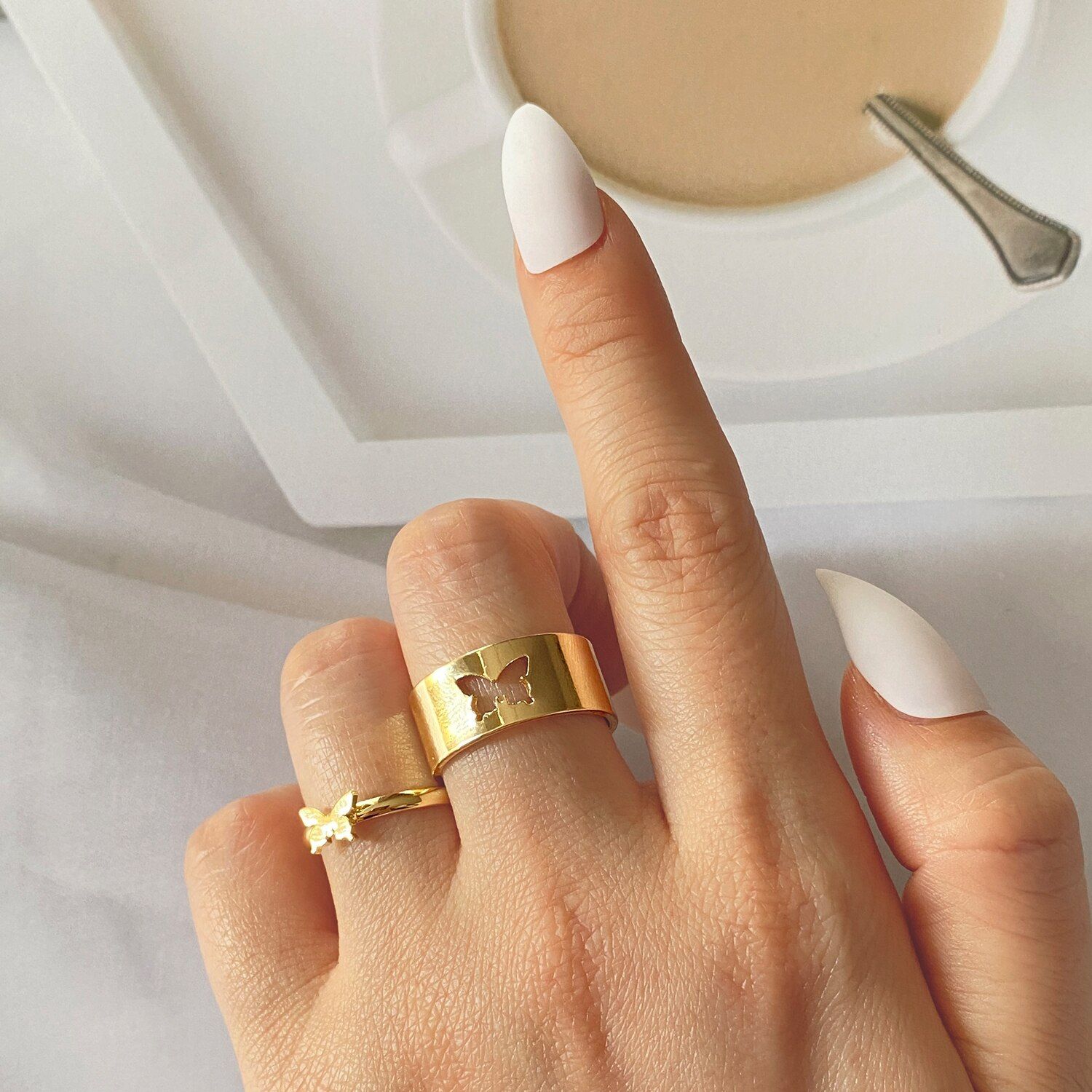 2Pcs/Set Couple Rings Butterfly Rings Heart-to-heart Lovers Vow Rings Wedding Jewelry Fashion Accessories