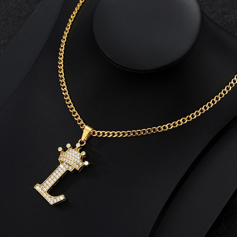 Initial Letter Crown Necklaces For Women Man Crystal Zircon 26 Alphabet Pendant Necklace Punk Hip Hop Gold Chain Jewelry Collier
