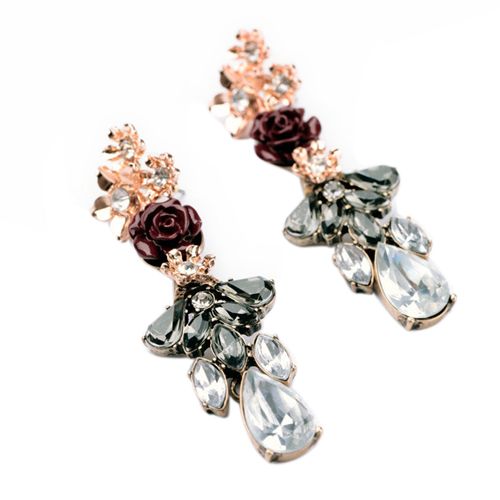 Women's Elegant Rose Flower Rhinestone Ear Drops Earrings Wedding Bridal Jewelry