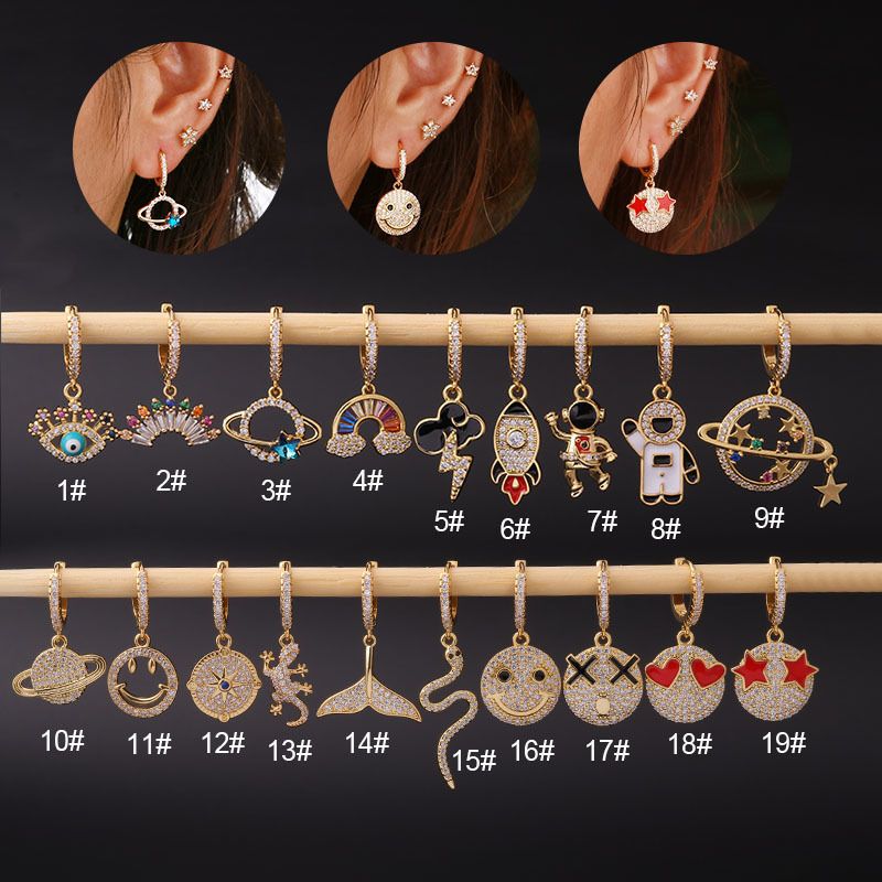 1Pc Earrings Metal Micro-inlaid Earrings Hanging star-shaped Expression Packs Gold-plated Jewelry Earrings