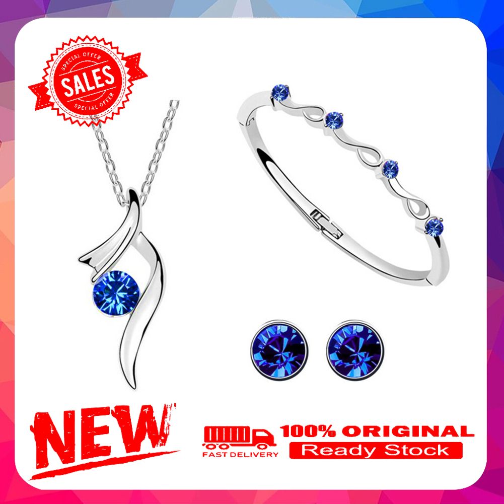 Bridal Jewelry Set Silver Plated Rhinestone Inlaid Necklace Earrings Bracelet