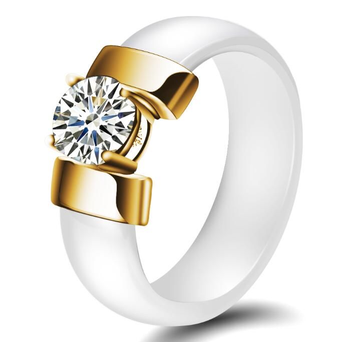 Jewelry Black&White Ceramic Wedding Ring Cubic Zircon Delicate Cabochon Smooth Engagement Rings For Women