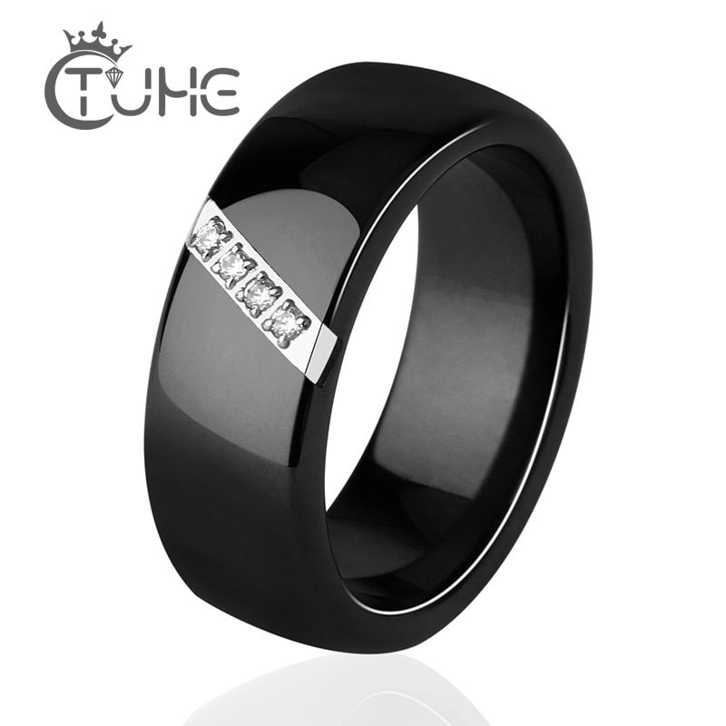 2019 New 6MM 8MM Black White Pink One Slash Crystal Ceramic Rings For Women Engagement Promise Wedding Band Mother Gifts Jewelry