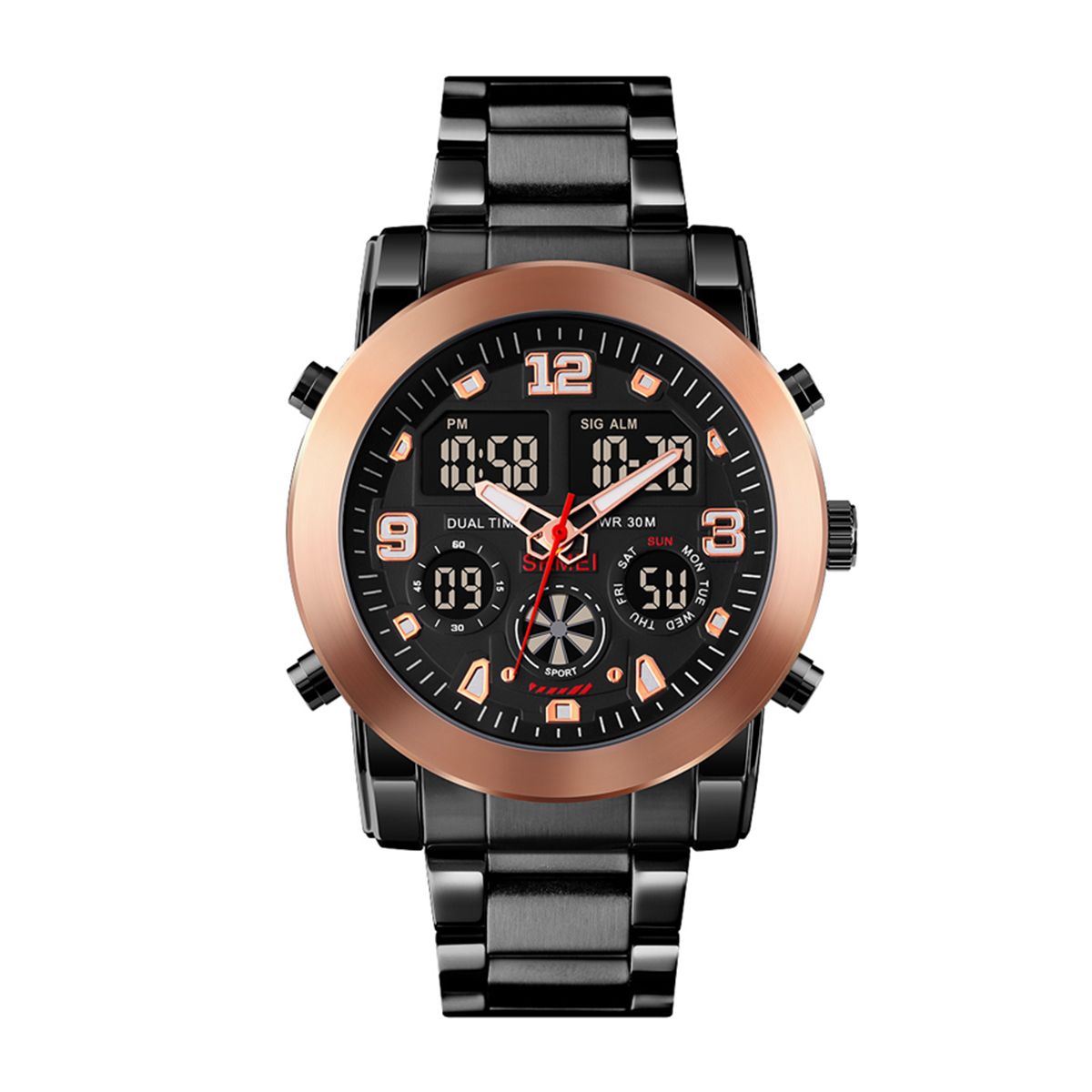 SKMEI 1642 Black Stainless Steel Dual Time Watch For Men - RoseGold & Black