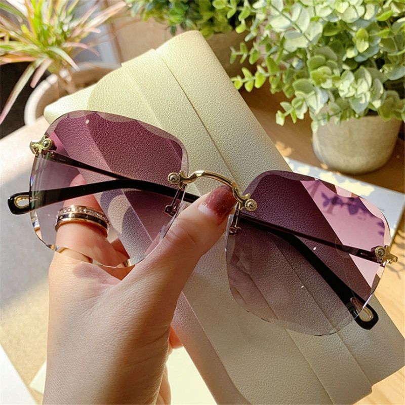Oulylan 2021 Square Rimless Sunglasses Women Brand Design Gradient Sun Glasses Ladies Fashion Blue Pink Eyeglasses Shades UV400
