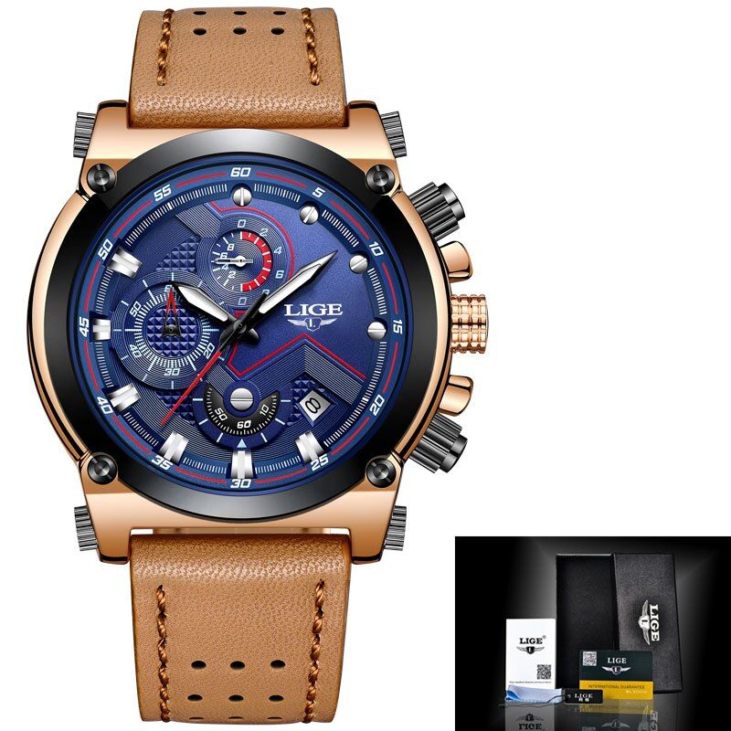 Relogio Masculino LIGE Mens Watches Top Brand Luxury Casual Quartz Watch Men Leather Big Dial