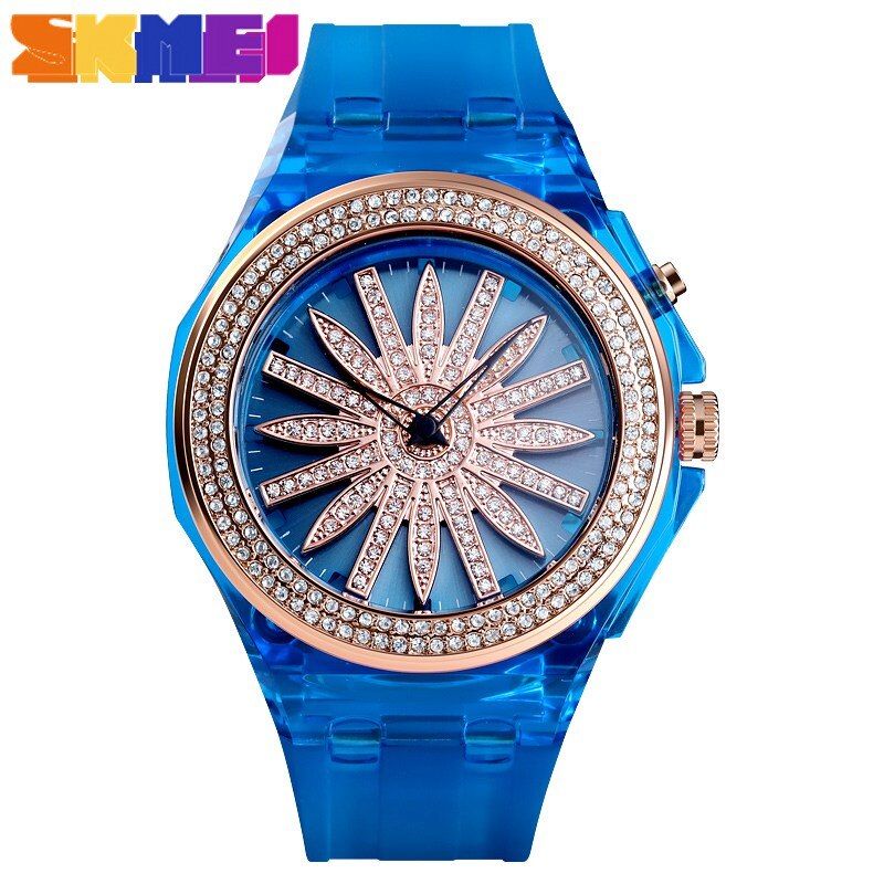【BestGO】SKMEI Beatiful Quartz Watch Fashion Women Watches Creative Rotating Flower Dial LED Light Transparent Case Strap