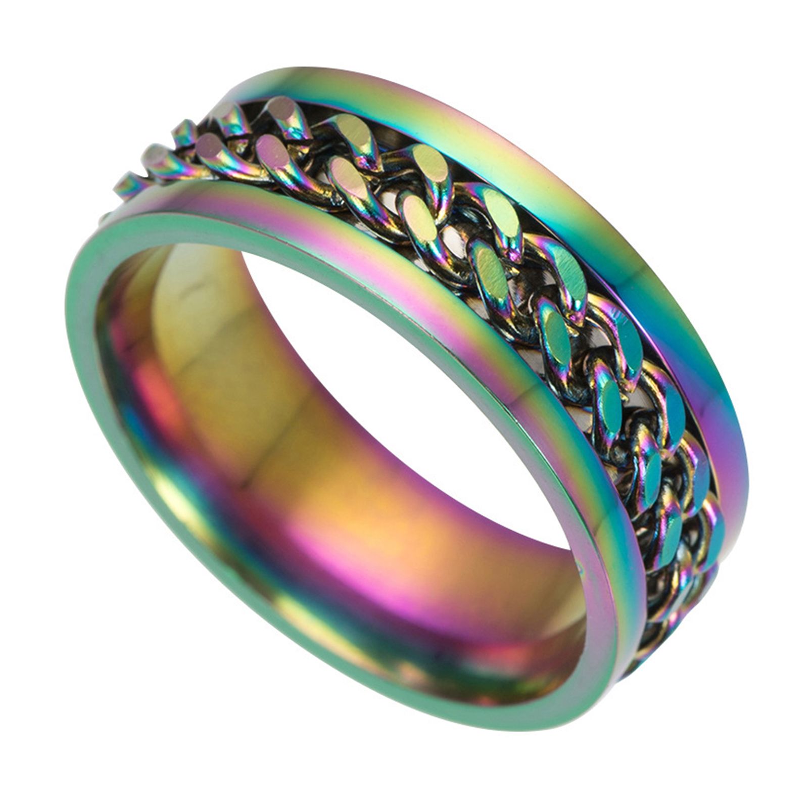 Exquisite Men Colorful Chain Punk Stainless Steel Spinner Wedding Band Ring