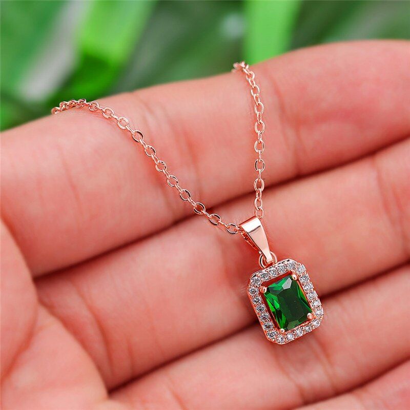 Luxury Female Crystal Purple Green Zircon Stone Necklace Cute Wedding Necklace Rose Gold Square Pendants Necklaces For Women