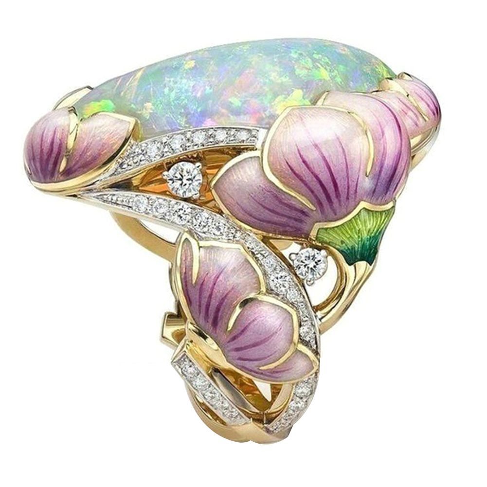 Women Rhinestone Faux Opal Inlaid Lotus Floral Ring Party Jewelry