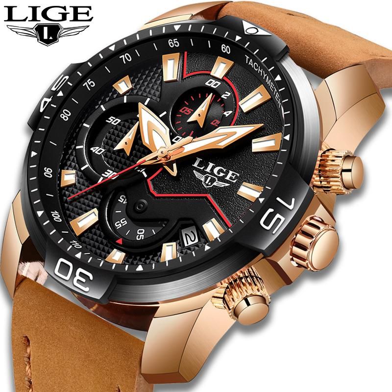 LIGE Fashion Watches Men Sports Waterproof Analog Quartz Wrist Watch Multi Function Chronograph Auto Date Luminous Clock