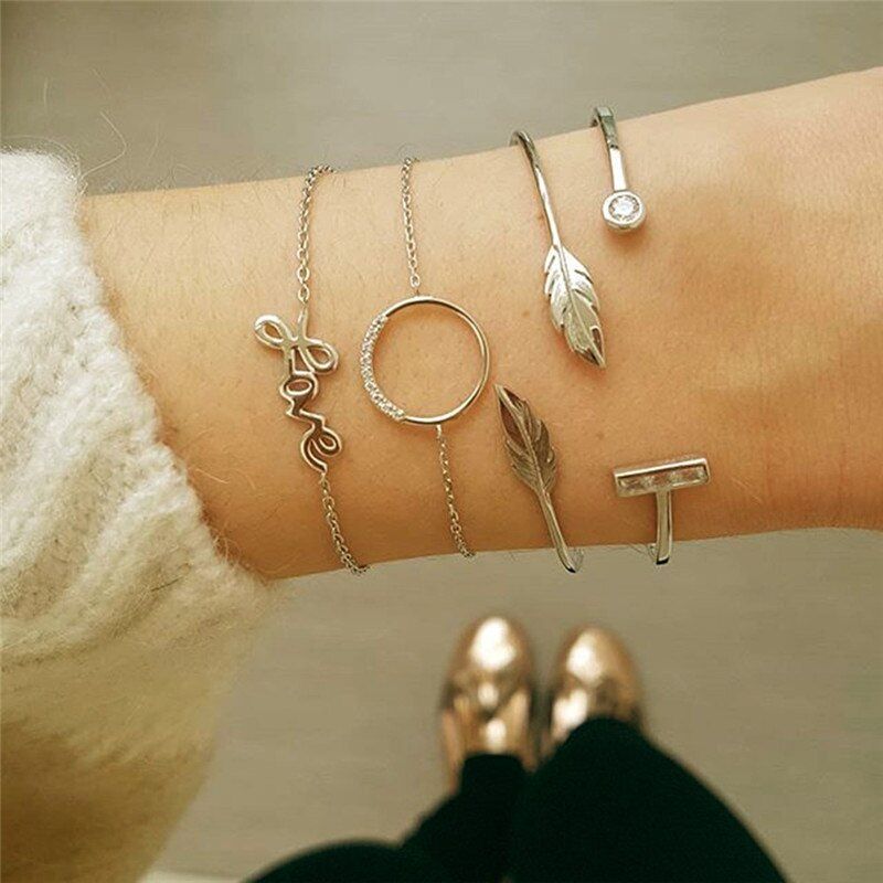 Modyle Bohemian Bracelet Set Gold Color Punk Vintage Leaf Crystal Bracelet for Women