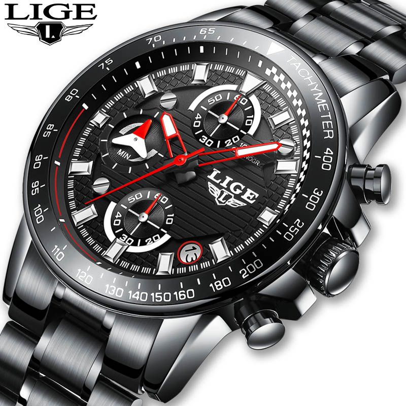 LIGE Fashion Men Watches Stainless Steel Sports Waterproof Auto Date Analog Quart Wrist Watch