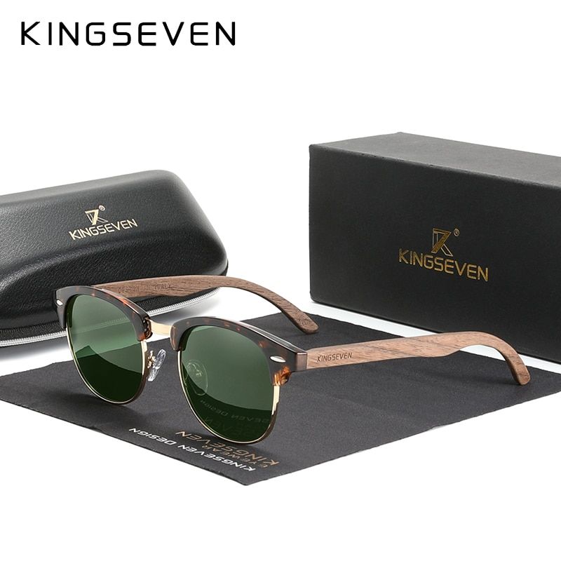 KINGSEVEN 100% Polarized Vintage Men Wooden Sunglasses Wood UV400 Protection Fashion Square Sun glasses Women Gafas De sol-Green G15-With Leather Case
