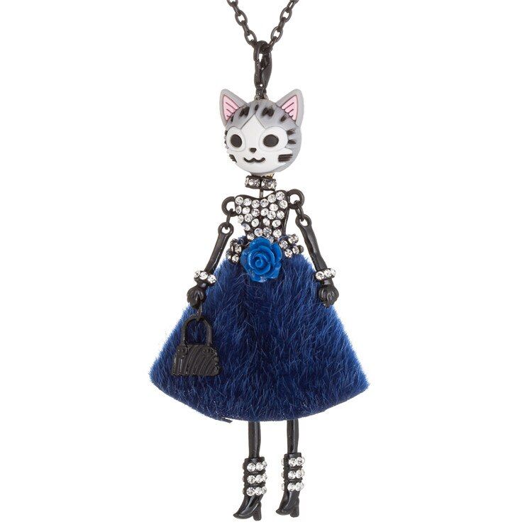 HOCOLE New Flower Doll Necklace Lovely Cat head Long Chain Pendant Statement Rhinestone Doll Necklaces Women female Jewelry 2019