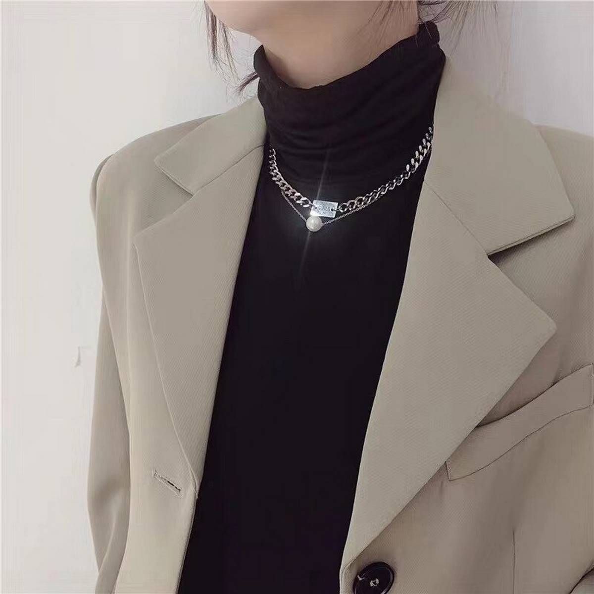 Vintage Exaggeration Simple Punk Hip hop Metal Multi-layer Pearl Necklace For Women Girls Party Jewelry Gifts(null)
