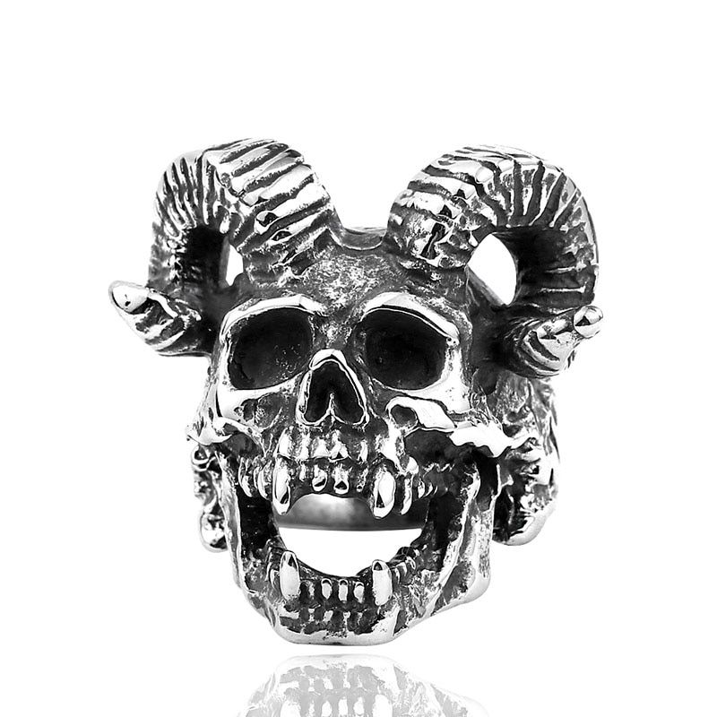 BEIER Unique Punk Gothic Goat Head Satanic Demon Sorath Skull Ring Men 316L Stainless Steel Biker Baphomet Jewelry BR8-406