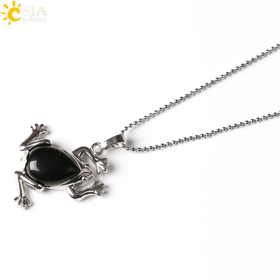 CSJA Lover Unisex Lovely Jump Frog Animal Pendant Necklace for Men Women Gem Crystal Quartz Lucky Natural Stone Jewellery E230