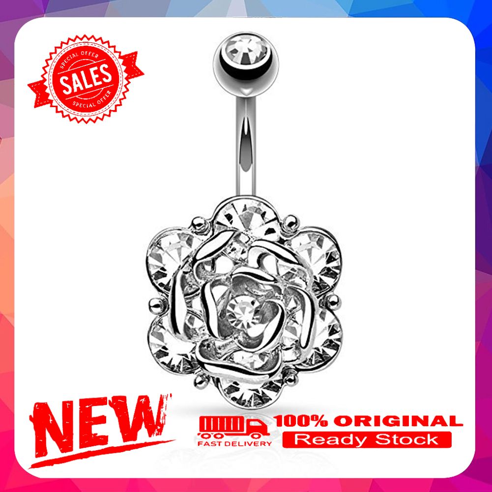 Rhinestone Navel Ring Rose Flower Belly Women Sexy Bar Piercing Body Jewelry
